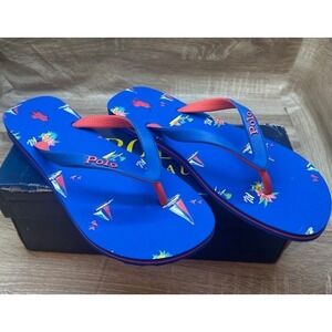 Polo Ralph Lauren Men's Bolt Flip Flops Sailboats Blue Red Pony NIB - Size 12